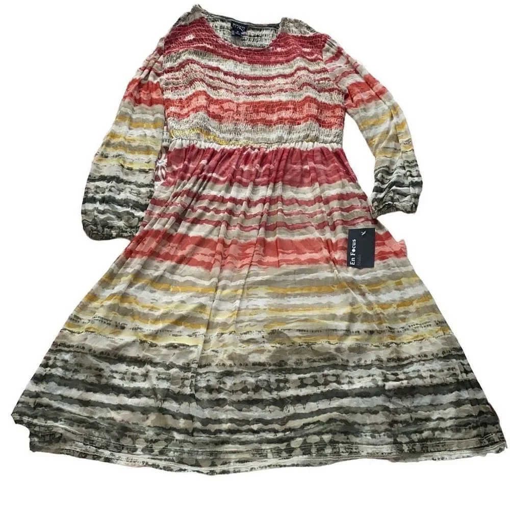 En Focus NWT Midi Dress Long Sleeve Semi-Sheer A-Line Earthy Multicolor 14 XL