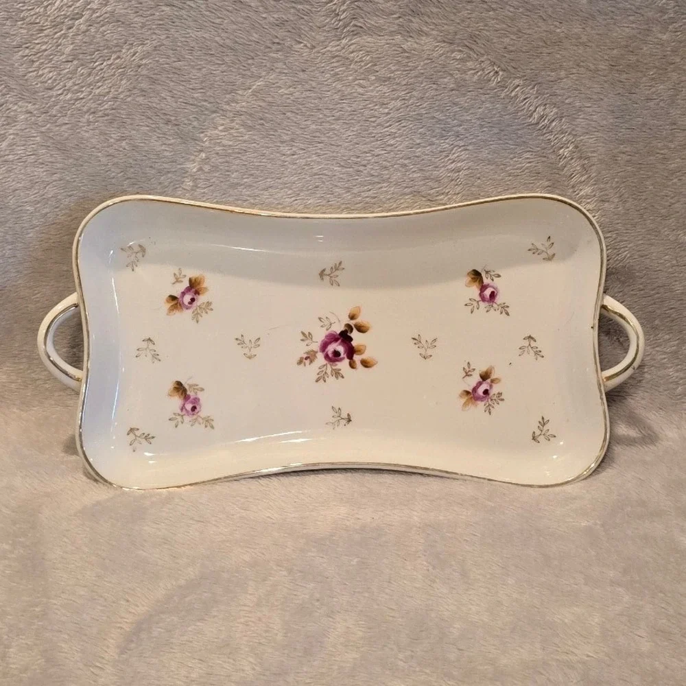 Vintage Porcelain Floral Vanity Tray Gold Trim Scalloped Rectangular Japan 10