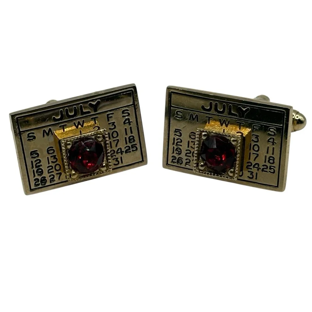 July‎ Cufflinks Calendar Red Rhinestone Patriotic Fourth Of July VTG Gold Tone