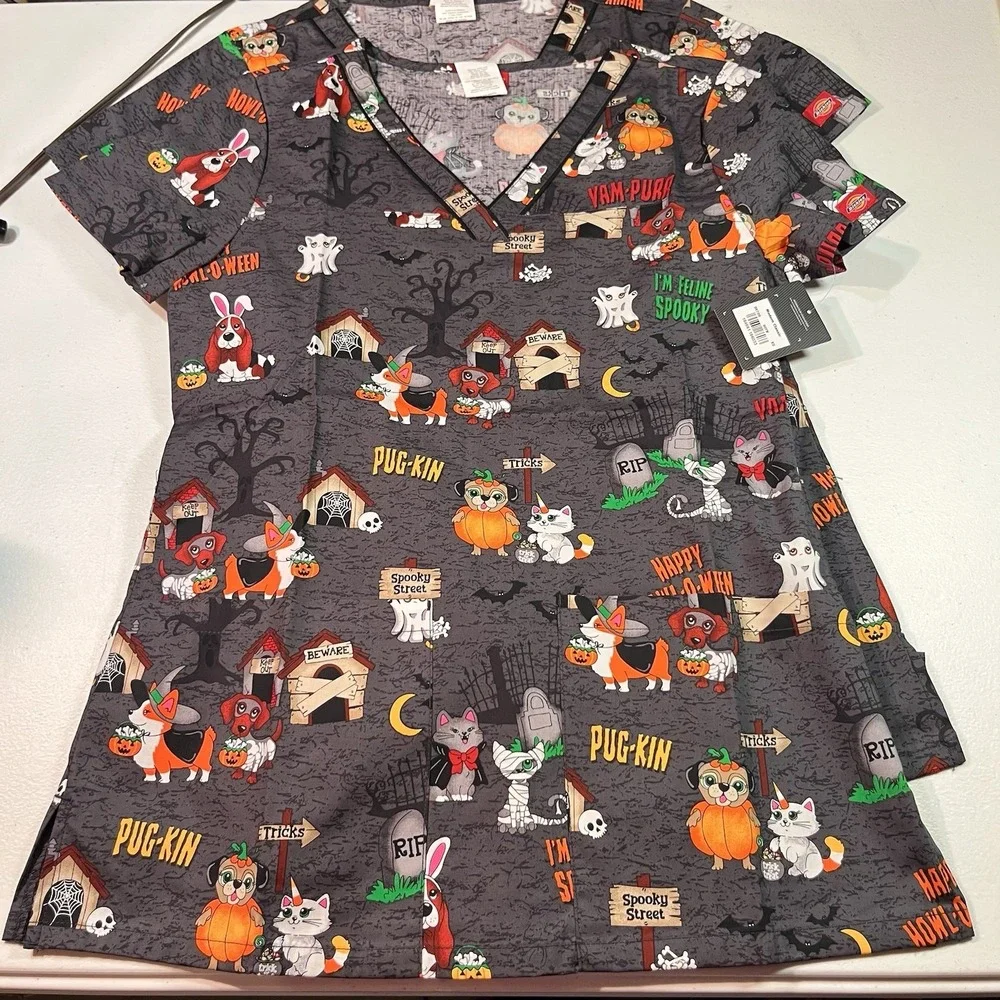 NWT Dickies Halloween Scrub Top Women's Medical Veterinary‎ Dogs Cats XS DK709