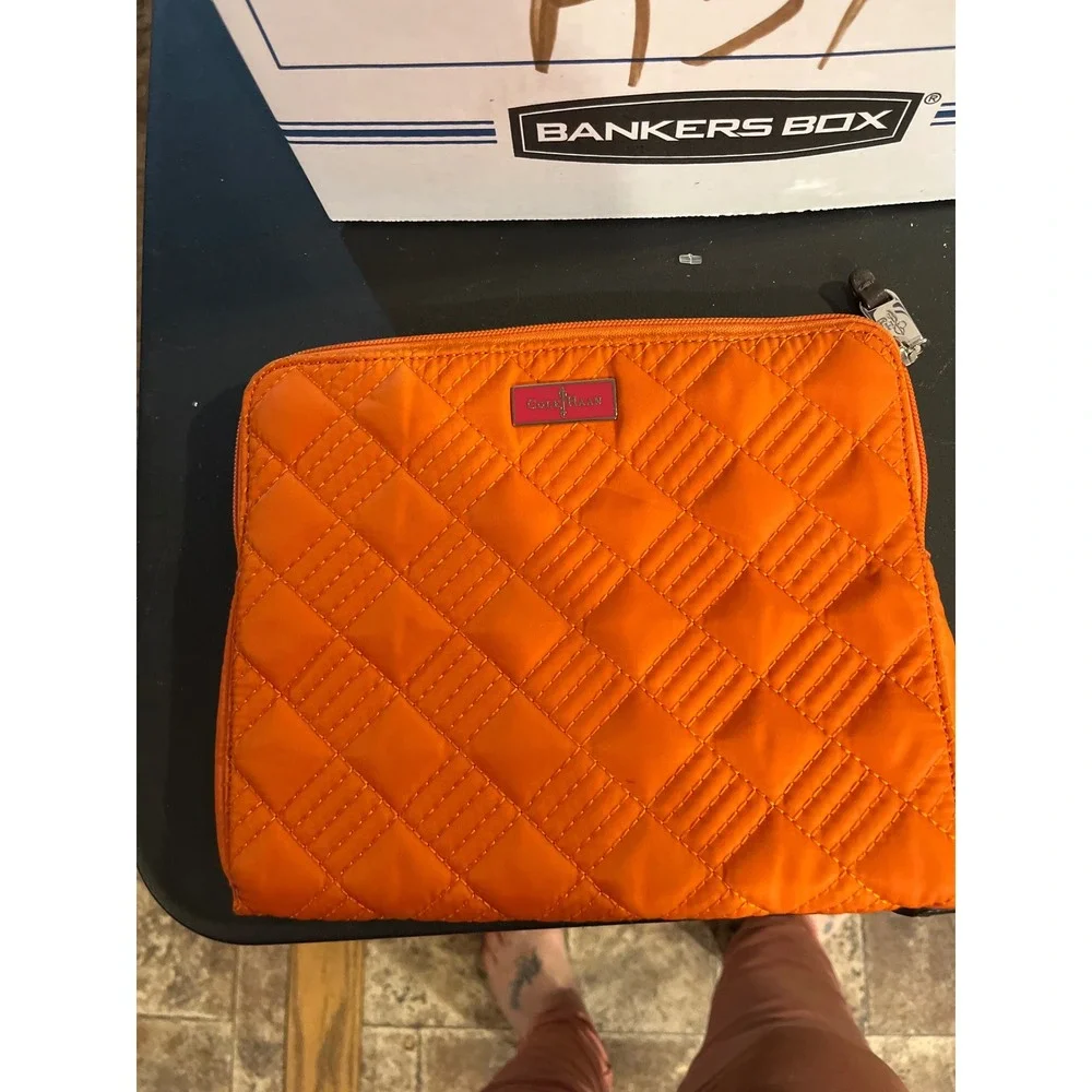 Cole Haan Orange Quilted Nylon‎ Zip Pouch Makeup Bag Travel Clutch Organizer