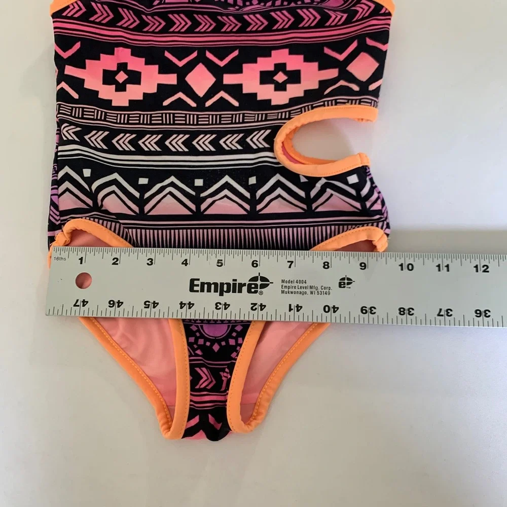 Justice One Piece Swimsuit Girls 7/8 Reversible Pink Purple Tribal Cutout Boho