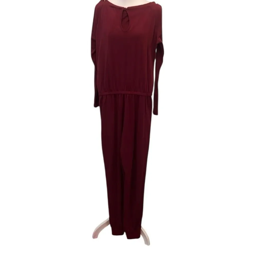NWT Pretty Garden size small long sleeve elastic waist pockets burgundy jumpsuit