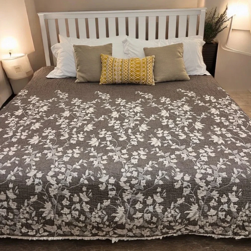 Earth Brown Taupe Floral Quilt Bedspread Dark Taupe Ecru Cream Loom Weave QUEEN