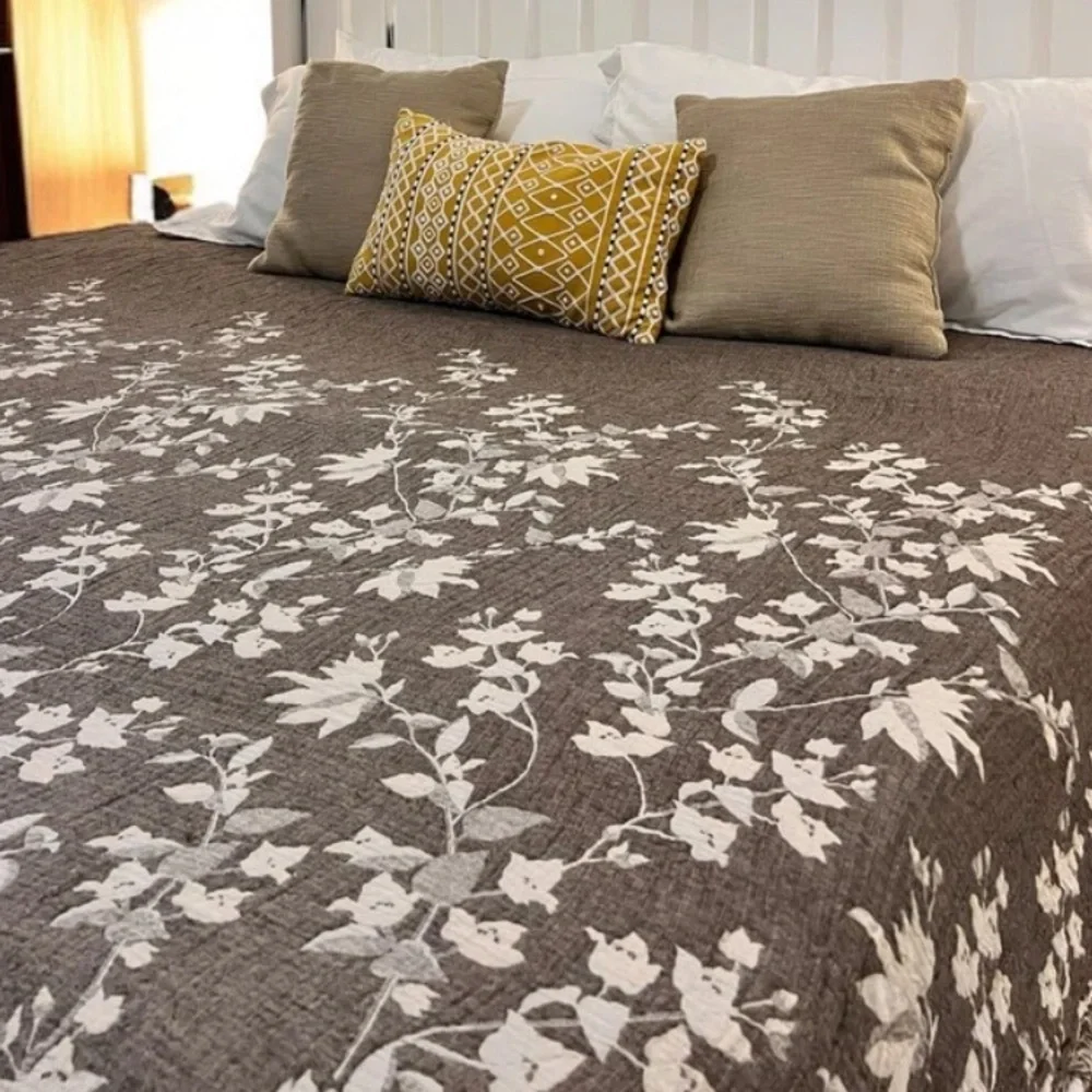 Earth Brown Taupe Floral Quilt Bedspread Dark Taupe Ecru Cream Loom Weave QUEEN
