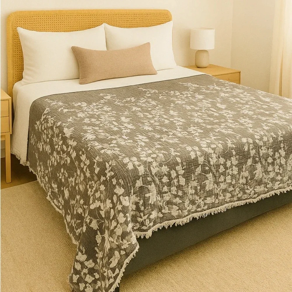 Earth Brown Taupe Floral Quilt Bedspread Dark Taupe Ecru Cream Loom Weave QUEEN