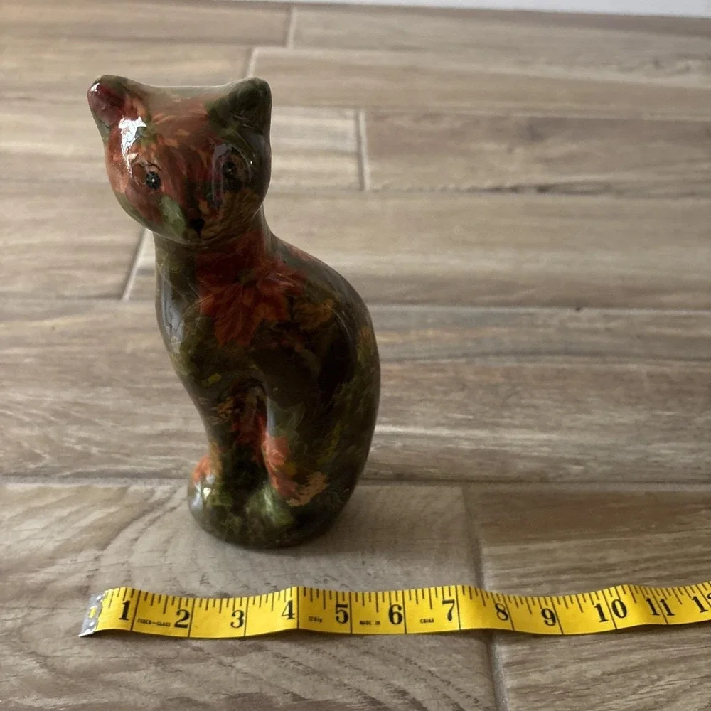 Vintage Cat Decoupage Look Poinsettia Green Floral Figurine Statue 9