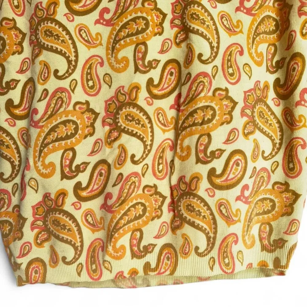 Vintage 1970s Yellow orange Paisley Knit Sweater Vest size S