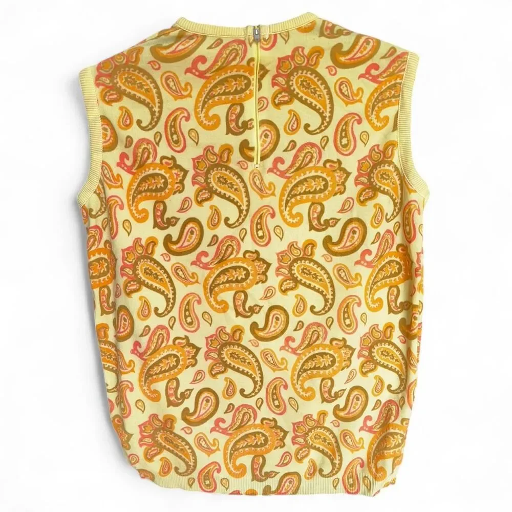 Vintage 1970s Yellow orange Paisley Knit Sweater Vest size S