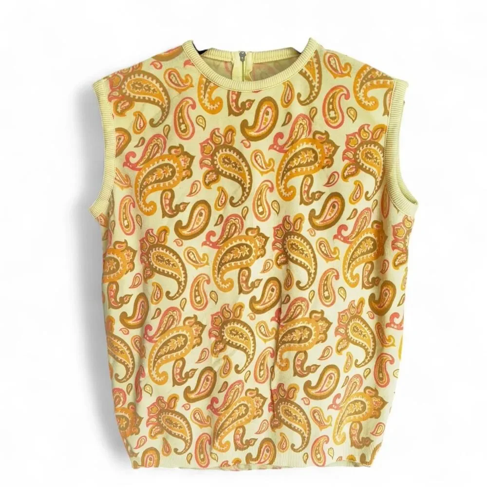 Vintage 1970s Yellow orange Paisley Knit Sweater Vest size S