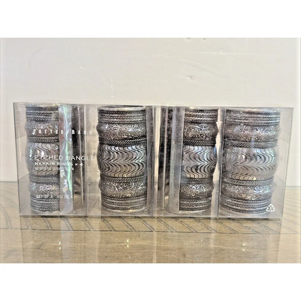 Pottery barn Etched Bangle Napkin Ring Set of 4 silver color