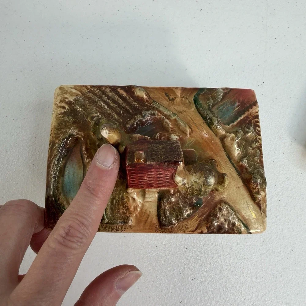 Vtg 50's Hand Paint Porcelain 3-D Trinket Jewelry Box Tray Japan Tree House Lake