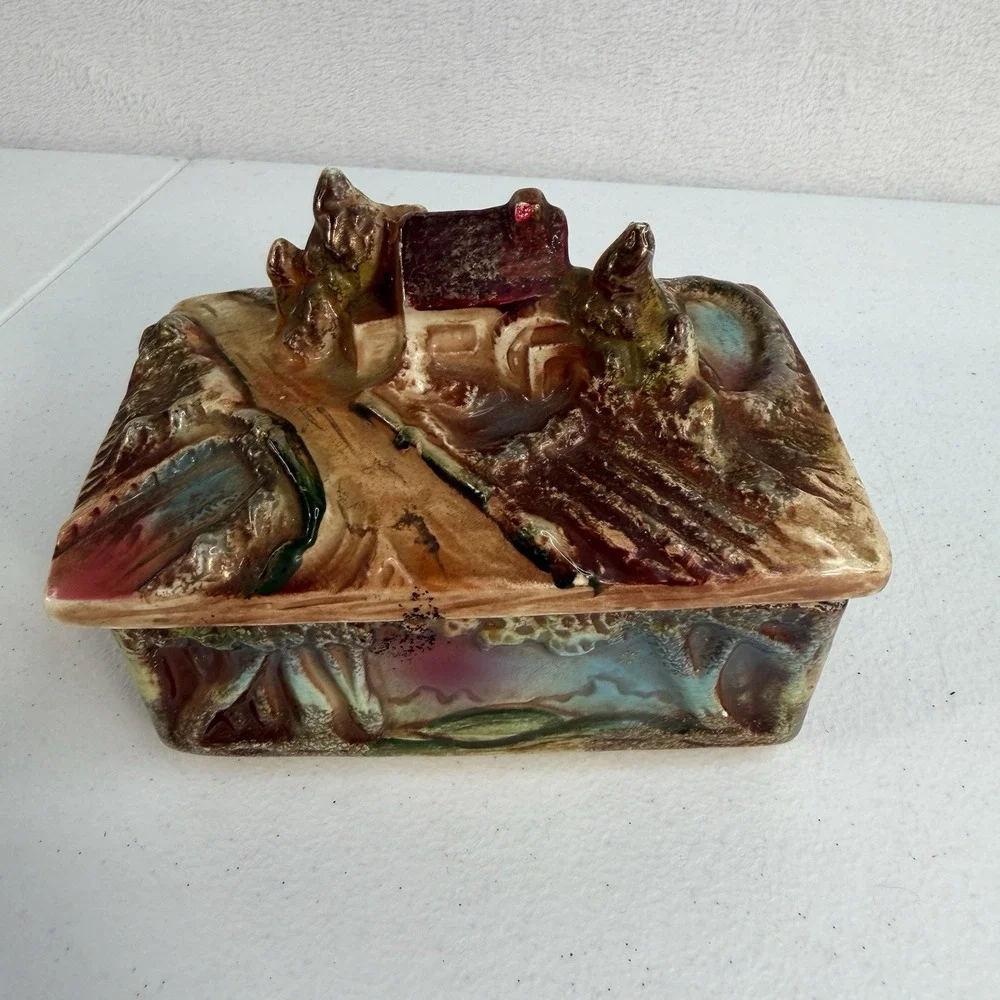 Vtg 50's Hand Paint Porcelain 3-D Trinket Jewelry Box Tray Japan Tree House Lake