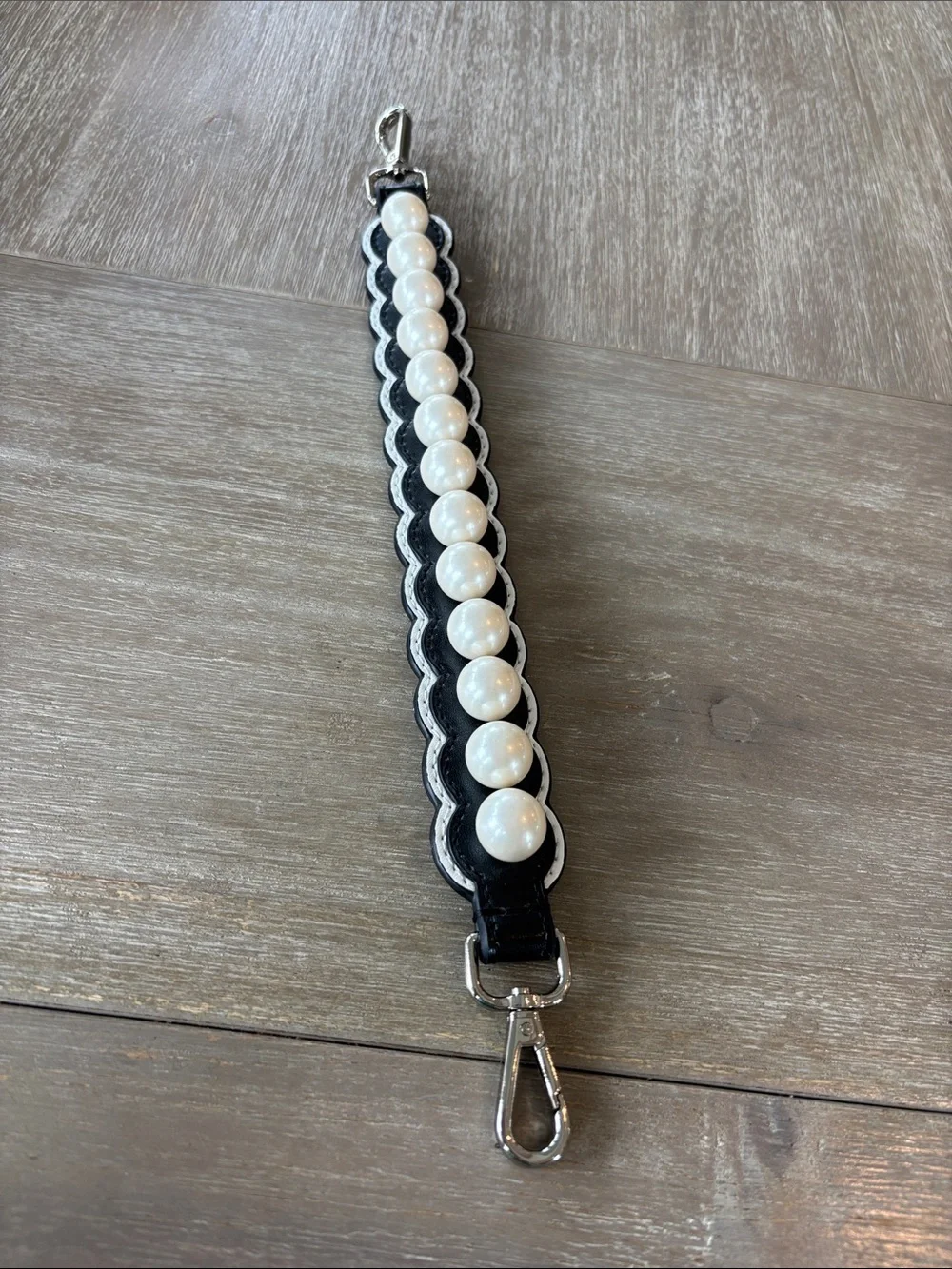 Pearl-Trim Black Leather Bag Strap - White Pearls