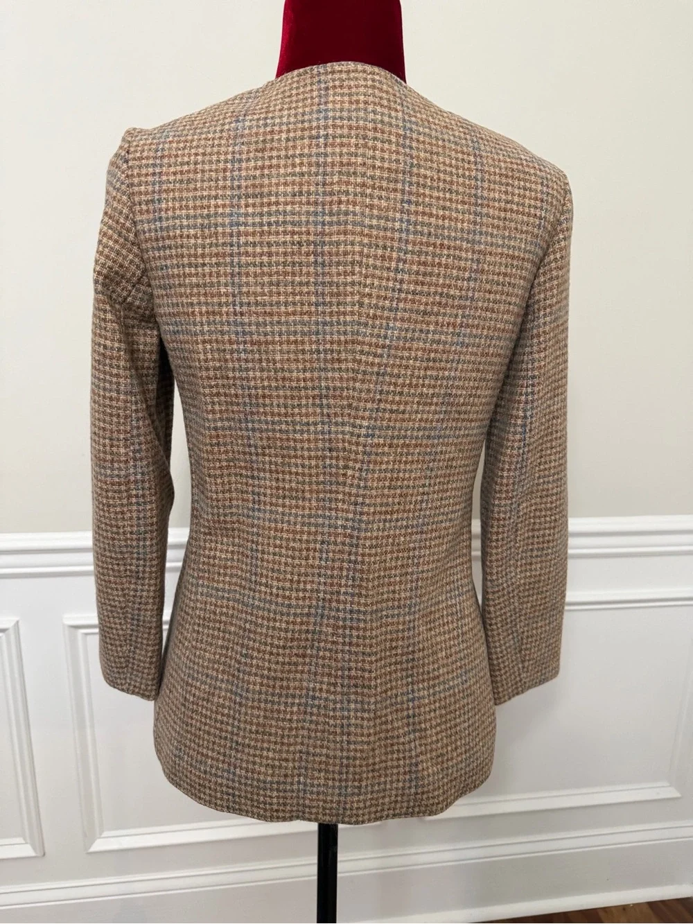 Vintage Equations 100% Pure Wool Blazer Jacket Sz 6 Brown Blue Plaid Check READ