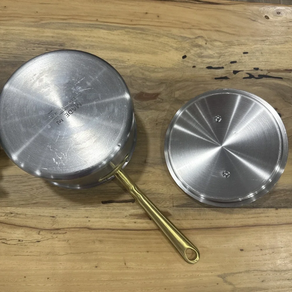 Made-In Cookware Italy 4 qt Stainless Saucepan Gold Handle W/Lid NEW