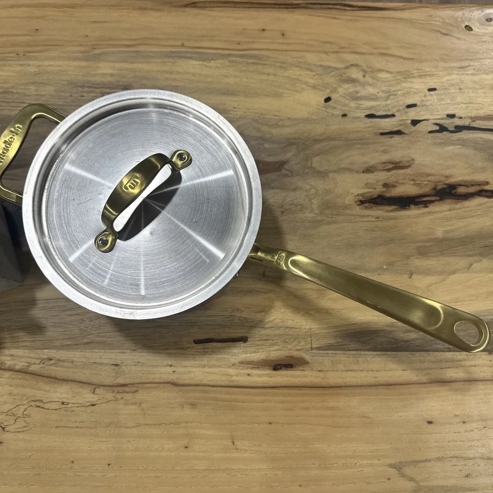 Made-In Cookware Italy 4 qt Stainless Saucepan Gold Handle W/Lid NEW