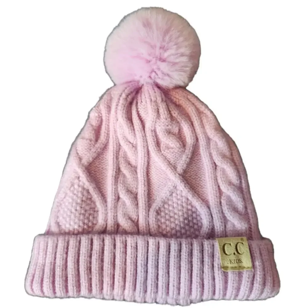 CC kids cable knit lined stocking hat with pom pink/purple
