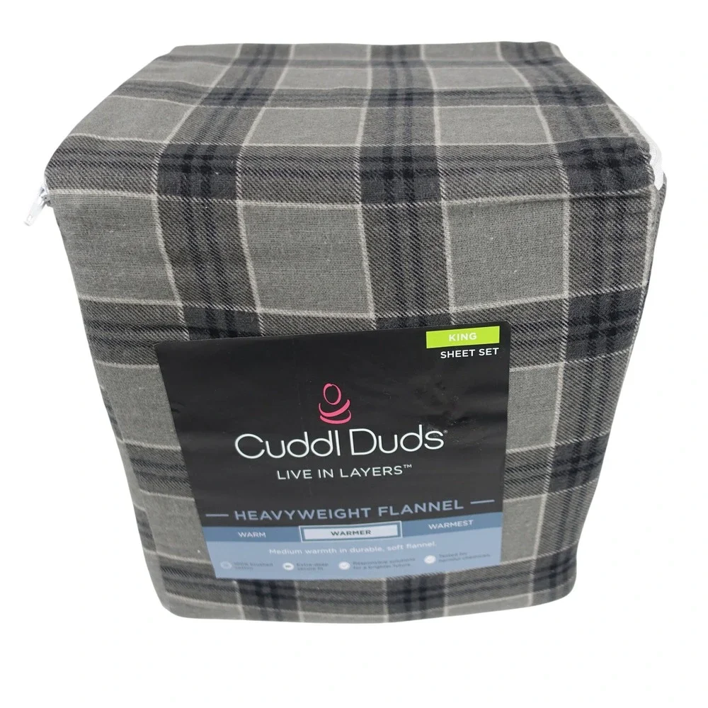 Cuddl Duds King Sheet Set Heavyweight Flannel Gray Plaid 100% Brushed Cotton NEW