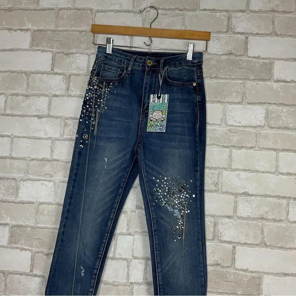 NWT Denim Couture Red Embellished Blue Skinny Jeans Size 5