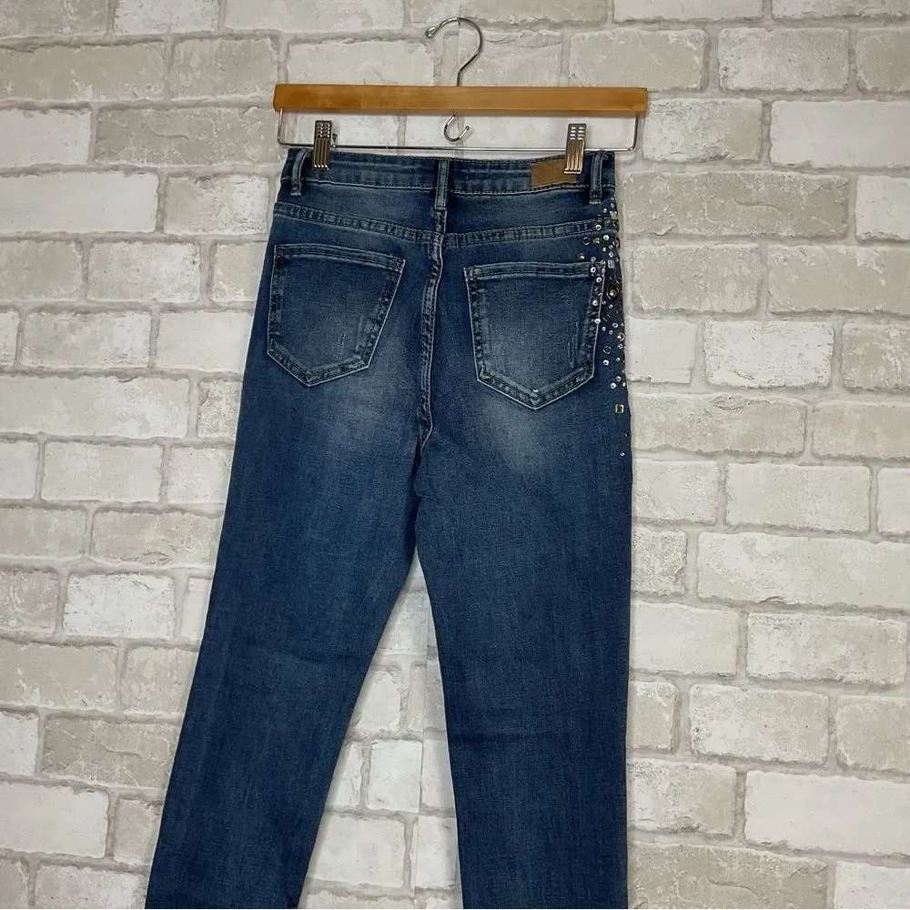 NWT Denim Couture Red Embellished Blue Skinny Jeans Size 5