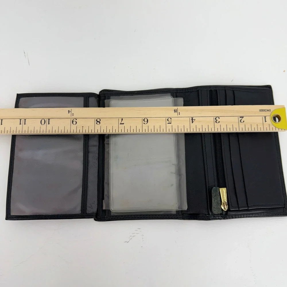 Katana Mens Black Leather Trifold Wallet Vertical Zip Pocket ID Windows