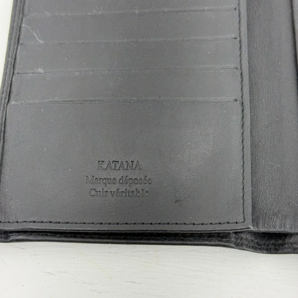 Katana Mens Black Leather Trifold Wallet Vertical Zip Pocket ID Windows