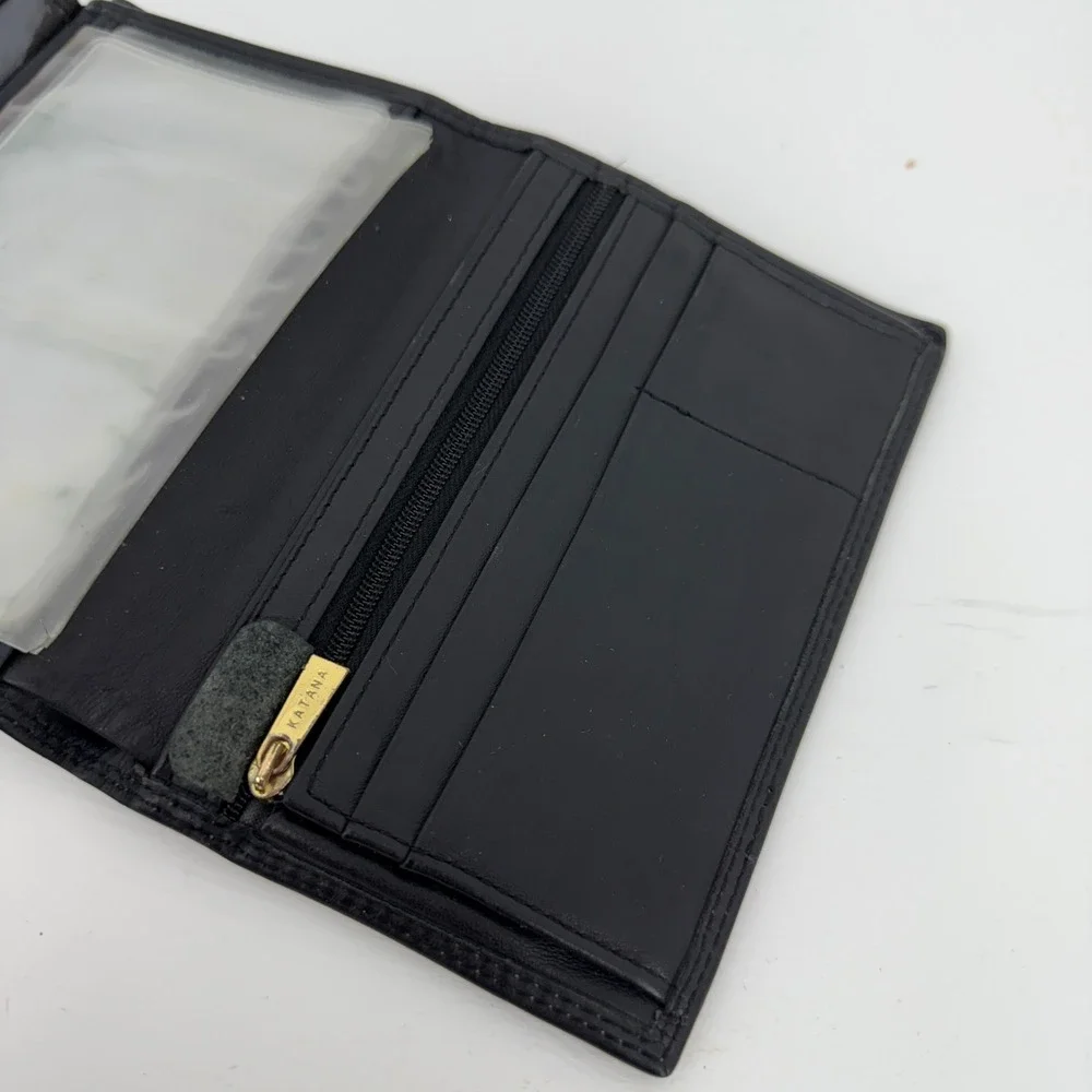 Katana Mens Black Leather Trifold Wallet Vertical Zip Pocket ID Windows