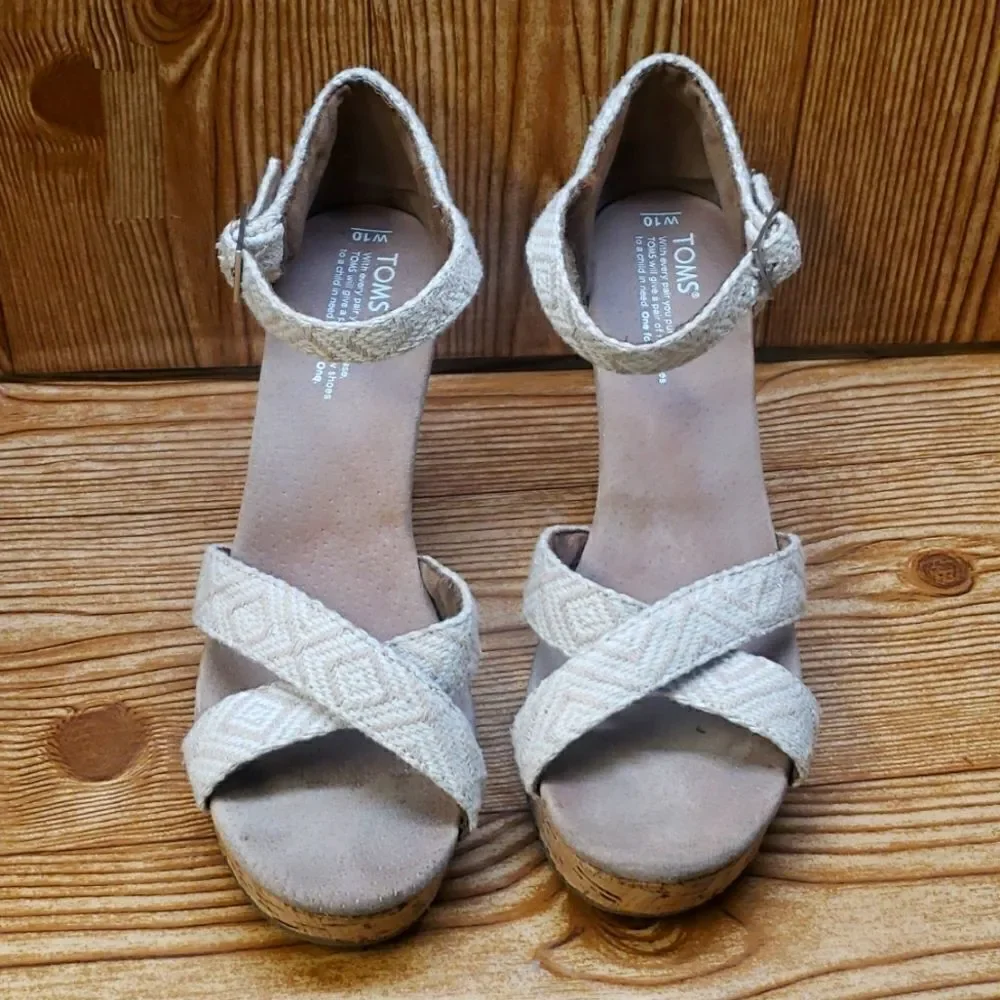 Toms Wedges Womens 10 Sienna Cork Sage Green Ankle Strap Peep Toe