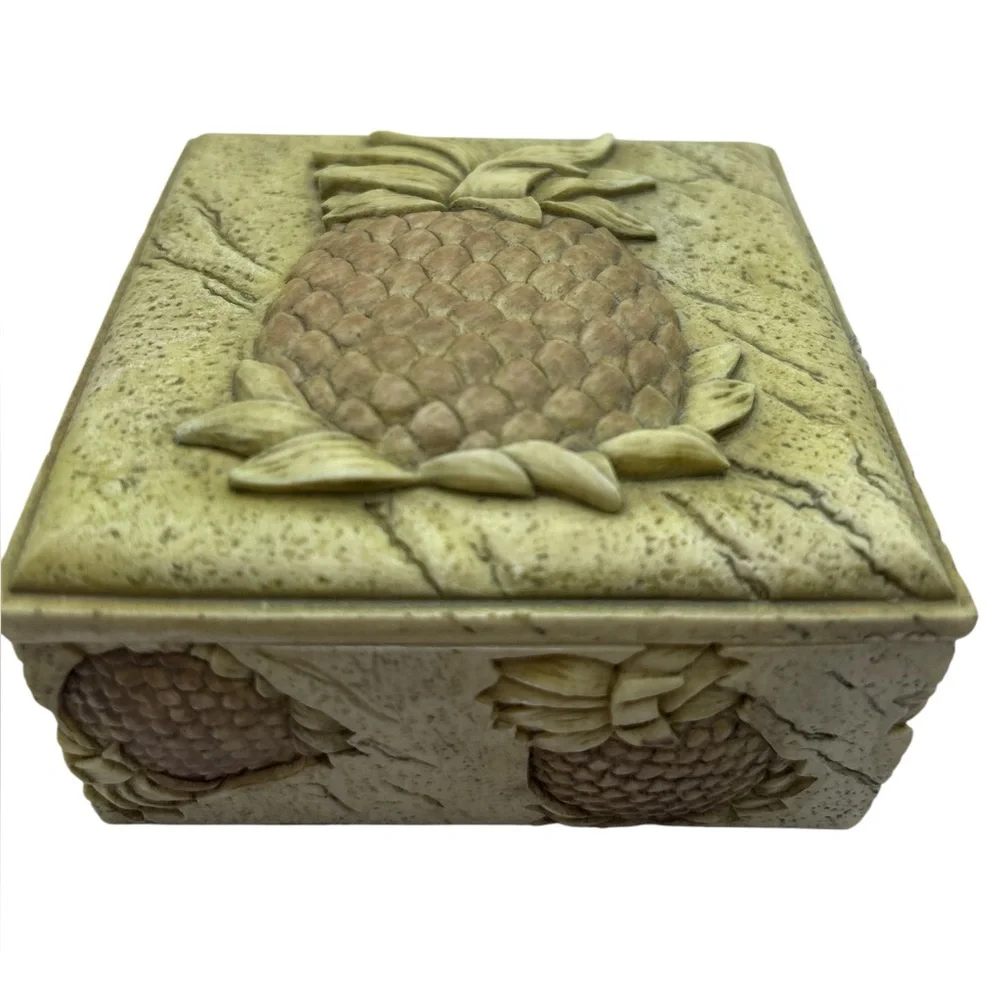Pineapple Carved Decorative Trinket Box - beige & Brown, with a greenish hue.