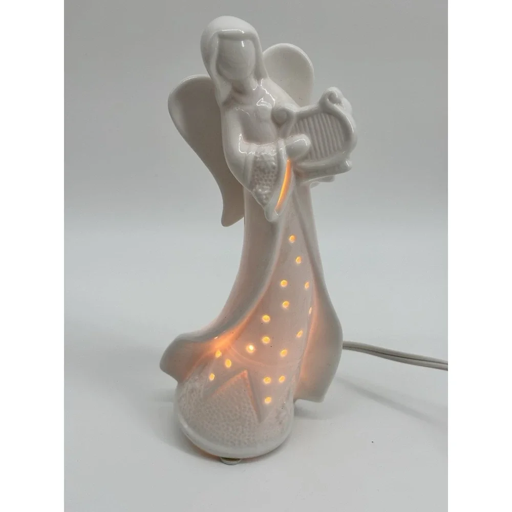 Vtg Ceramic Angel Lamp Playin Harp Home Decor‎ Christmas Angelic Approx 8 Inches