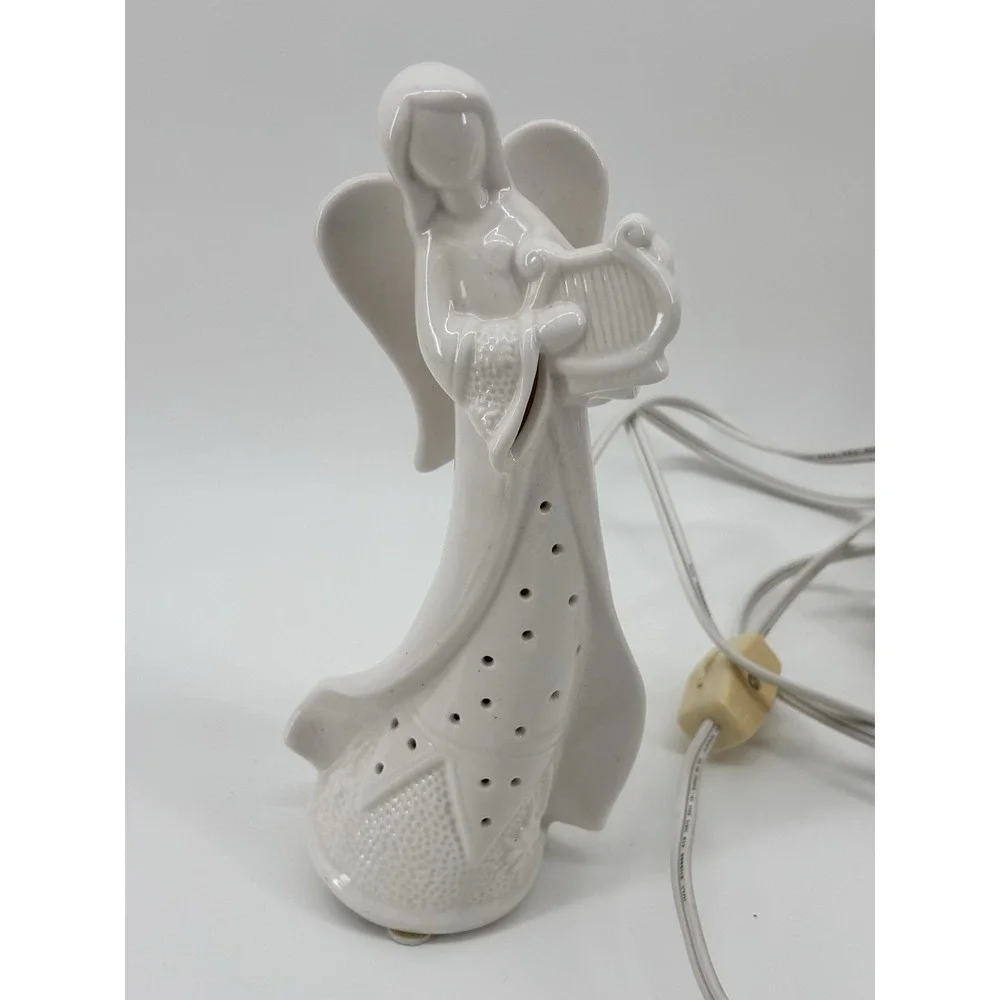 Vtg Ceramic Angel Lamp Playin Harp Home Decor‎ Christmas Angelic Approx 8 Inches