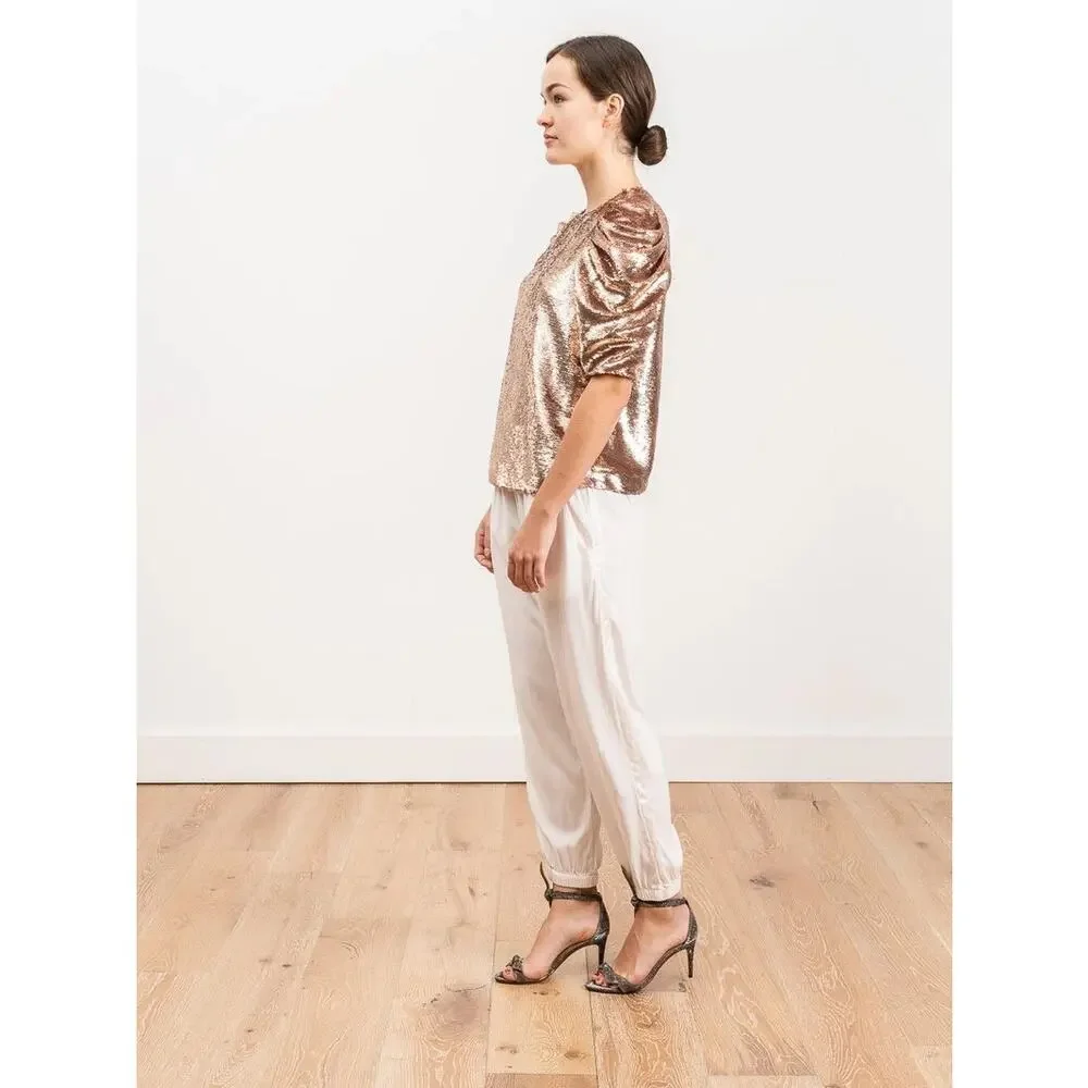 Ulla Johnson Rae Sequin Blouse Size 2 Rose Gold Puff Sleeve Party Top Metallic