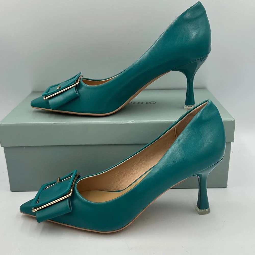 C.Paravano Peacock Blue Buckle Pumps Sz 36 / 5.5 Leather Pointed Toe Kitten Heel