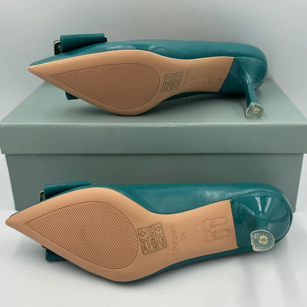 C.Paravano Peacock Blue Buckle Pumps Sz 36 / 5.5 Leather Pointed Toe Kitten Heel