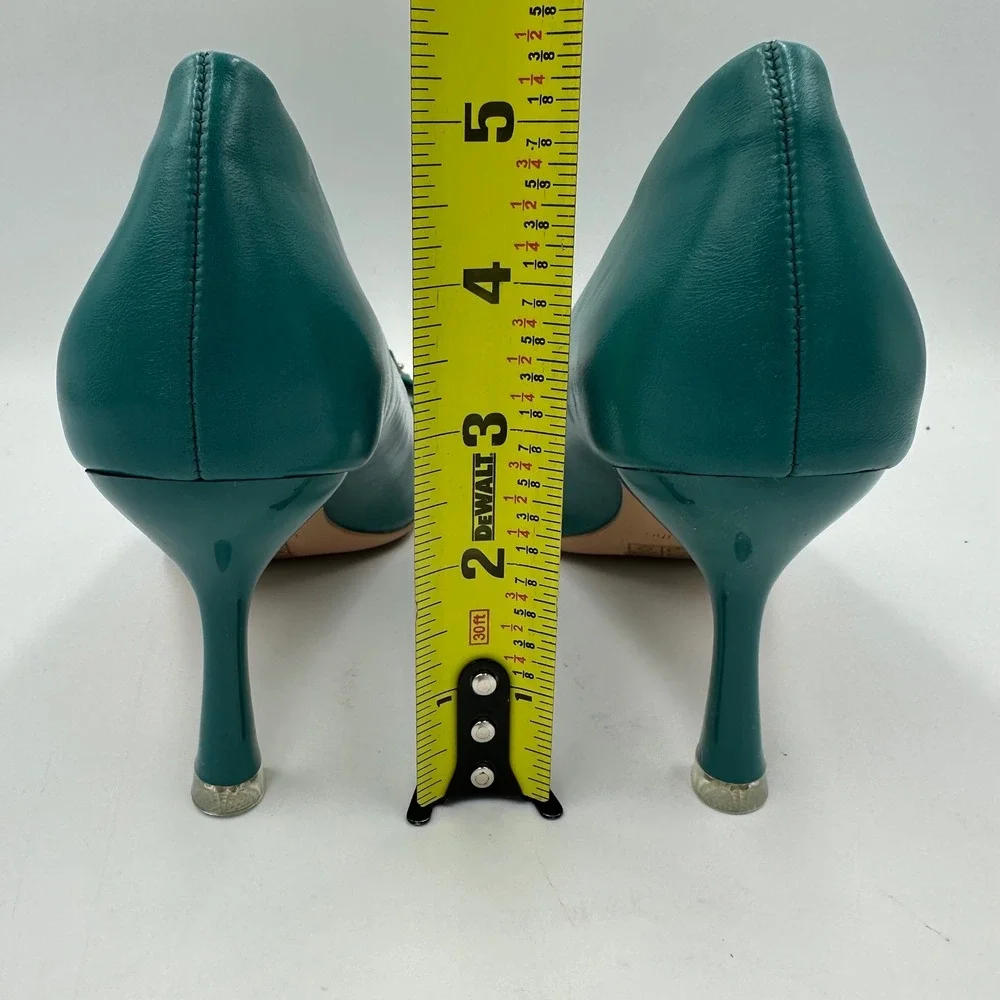 C.Paravano Peacock Blue Buckle Pumps Sz 36 / 5.5 Leather Pointed Toe Kitten Heel