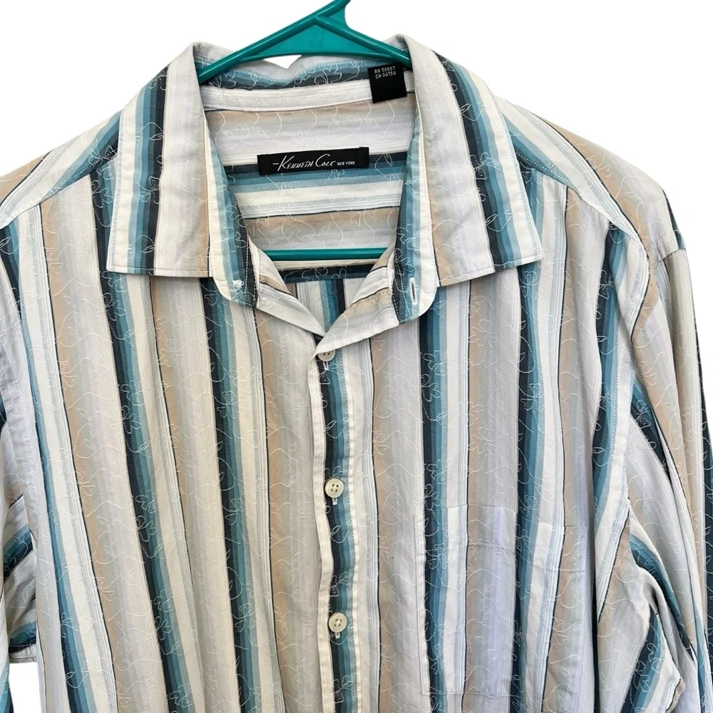 Kenneth Cole Shirt Men Large Button-Up Striped Embroidered Long Sleeve Blue Whit