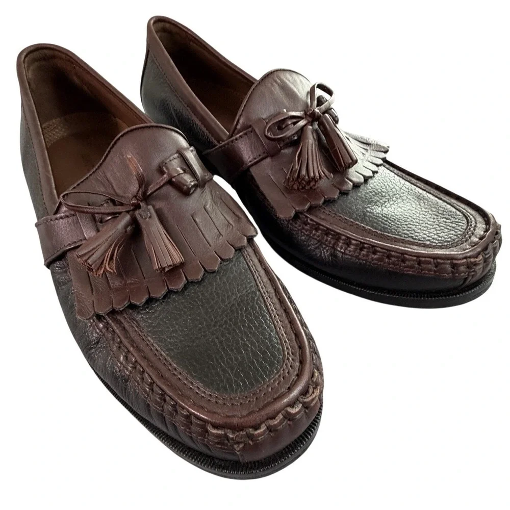 Johnston &‎ Murphy Mens Two Tone Brown Leather Kiltie Tassel Loafers Shoes