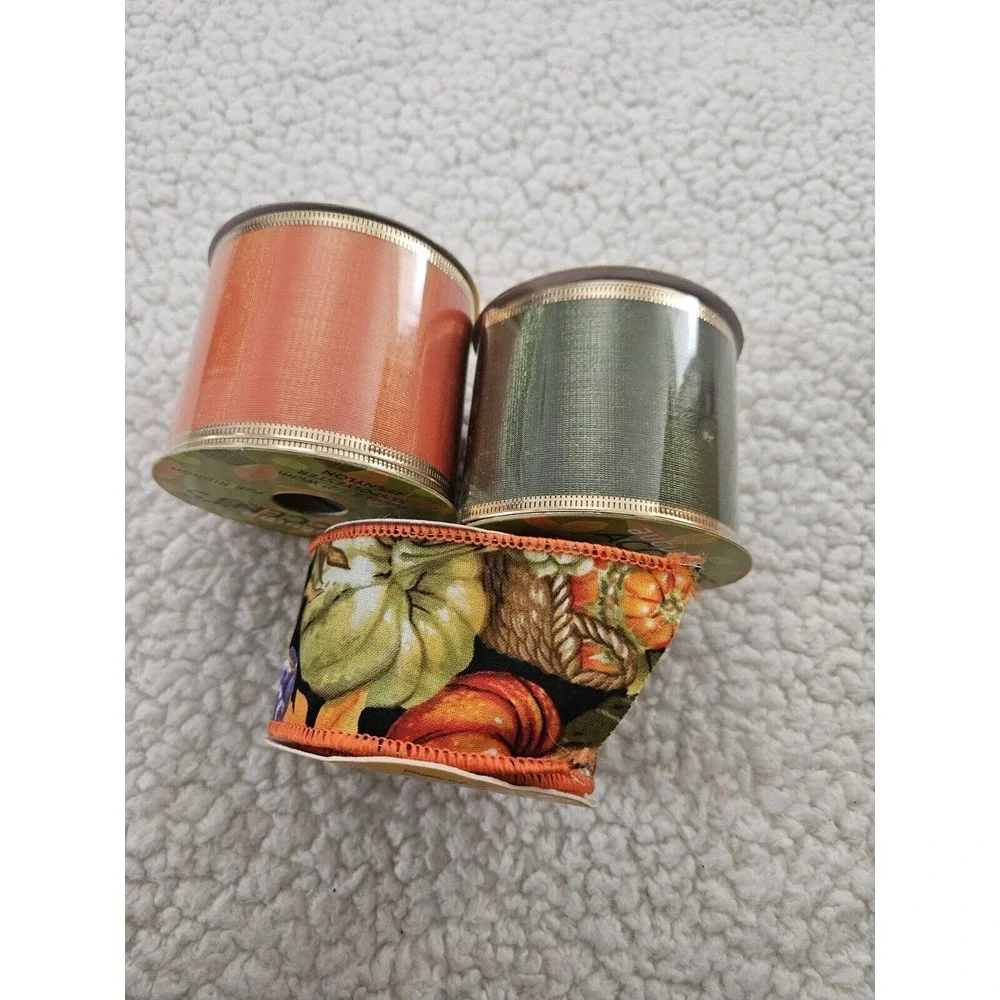 Vintage 2002 Autumn Accents Ribbon Orange Green New & Used‎ Lot Of 3 Spools Fall