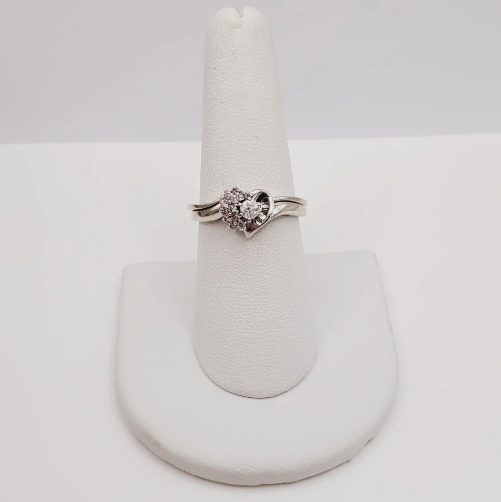 10k Solid White Gold Genuine Round & Baguette Diamond Heart Wedding Ring Set