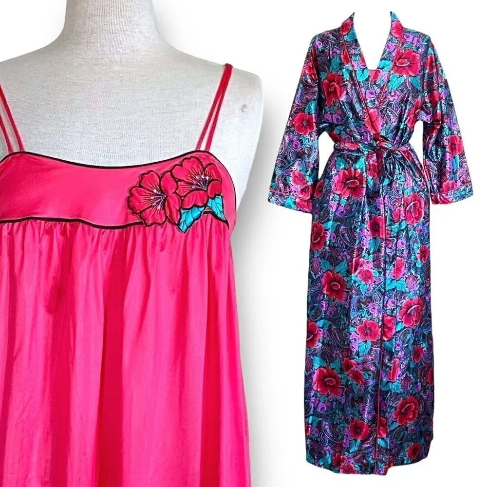 Vintage 1980s Lorraine Robe Nightgown Peignoir Set S M Red Purple Floral Paisley