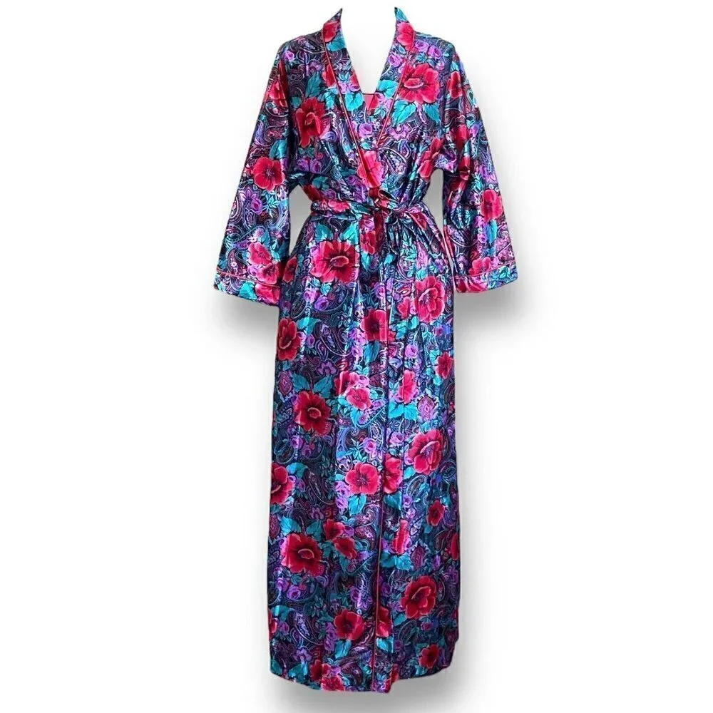 Vintage 1980s Lorraine Robe Nightgown Peignoir Set S M Red Purple Floral Paisley