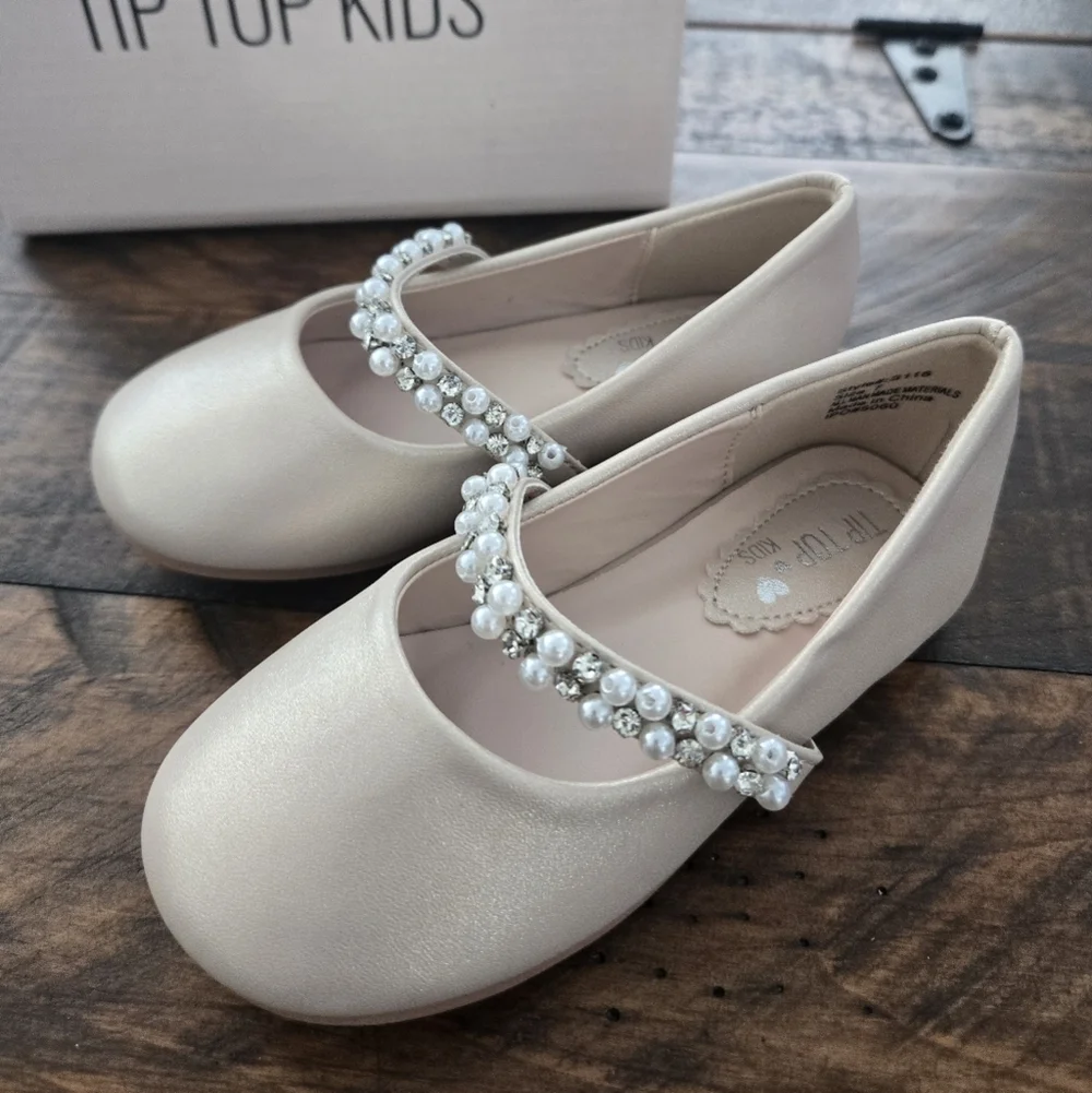 Tip Top Kids Nude Pink Mary Jane's with Pearl and Rhinestone Strap. Style S116.