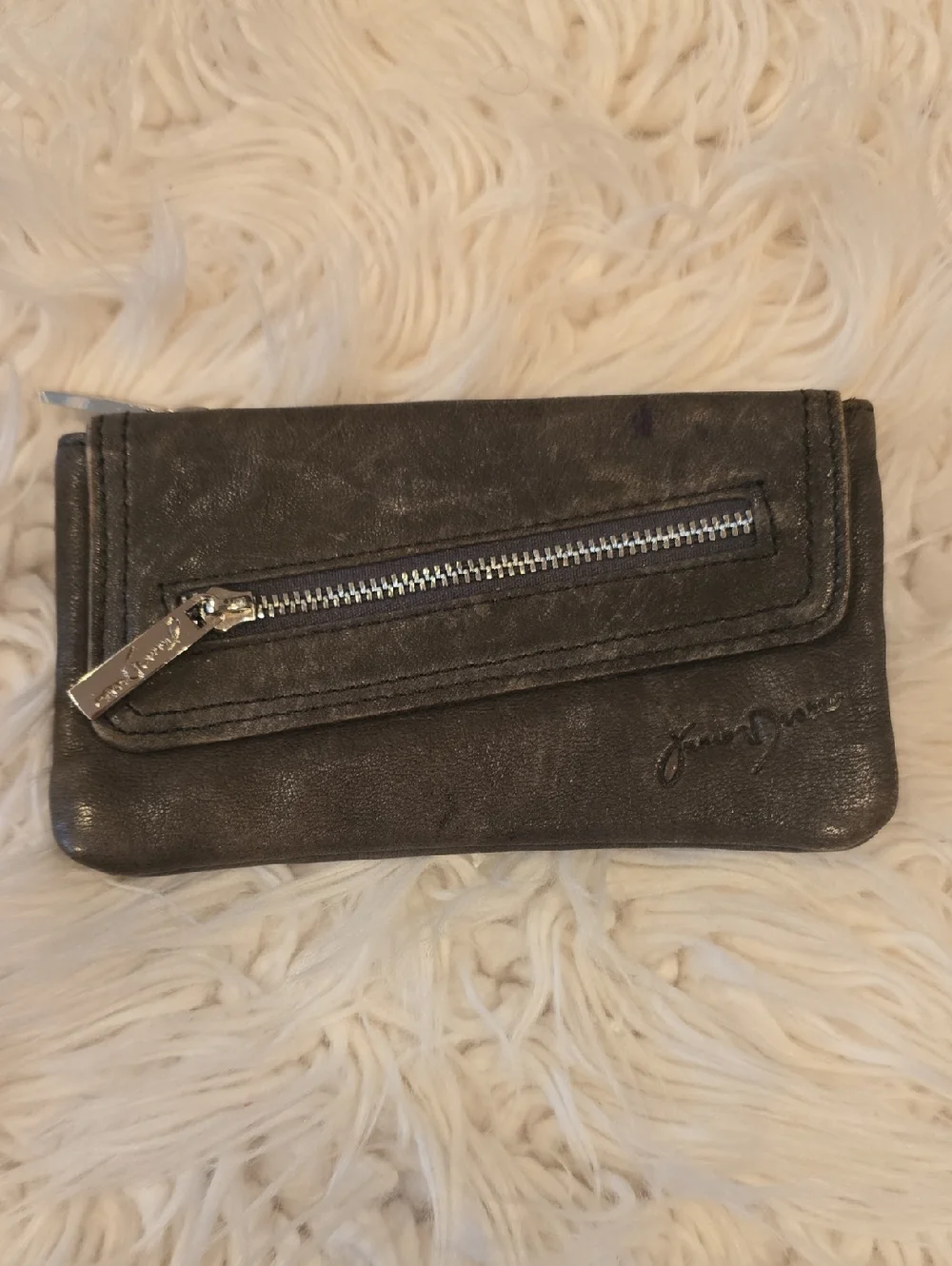 Genuine Gray Leather Zip Wallet with Front Pocket