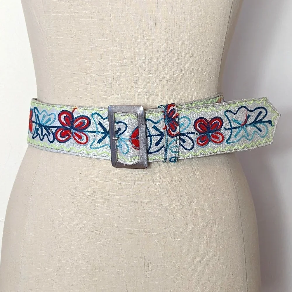 Embroidered Belt MCM Leather Folk Art Floral Boho Mid Century Festival Vintage‎