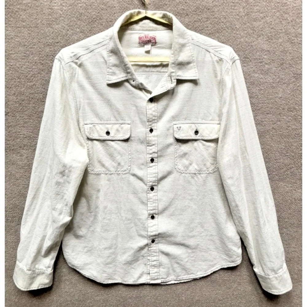 True Religion Mens 2XL Off White Button Up Shirt Cotton Long Sleeve Collared EUC