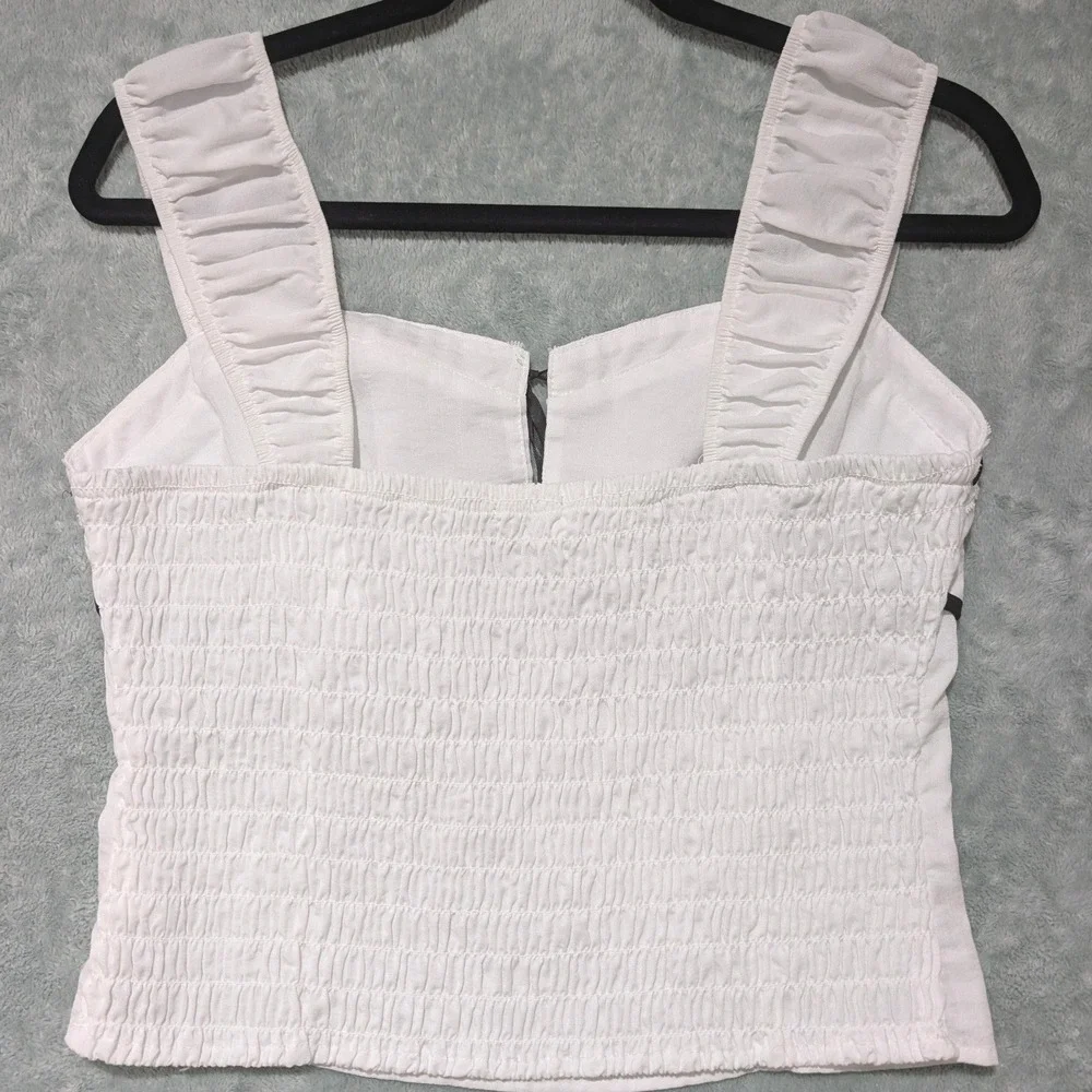 White Milkmaid Top Black Ribbon Trim Smocked Back Coquette Cottagecore Summer L