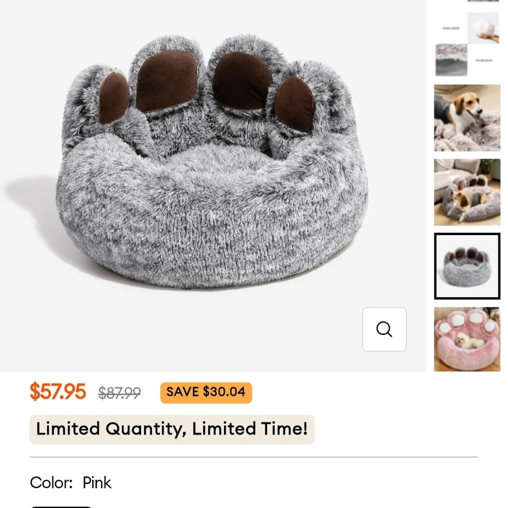 Pets Dog Bedding Comfy Fuzzy Small Round Bear Paw Shaped Plush Dog Cat Pet Bed