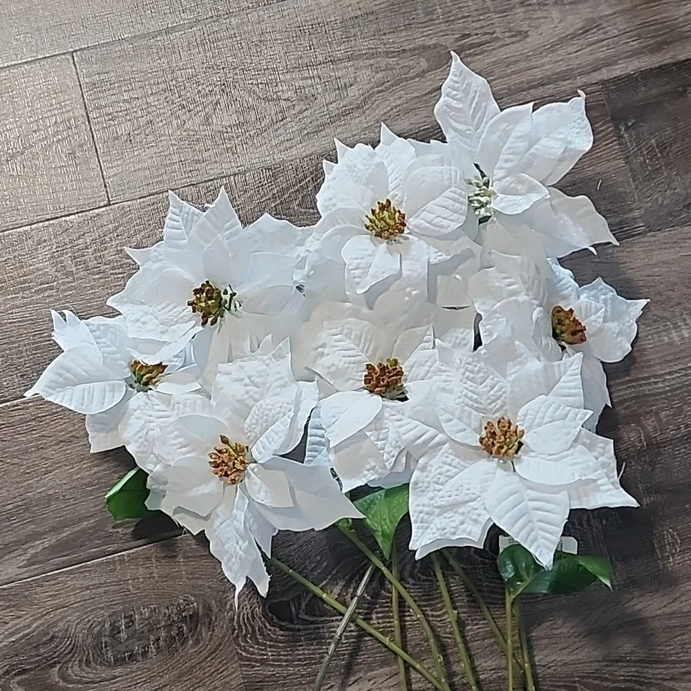 8 White Poinsettia floral Stems
