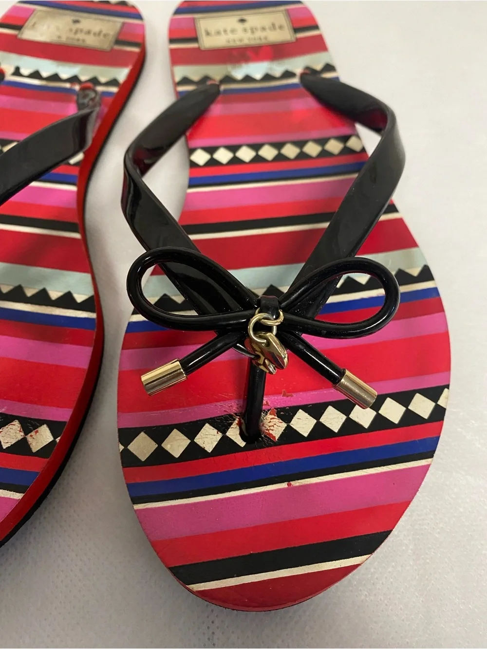 kate spade Striped Pink & Black Bow Flip Flop Sandals